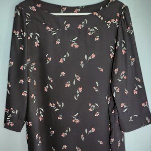 Lightweight Black Blouse with Floral Pattern, Scoop Neck with 3-Button Detail.
